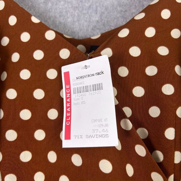 Sanctuary Dress Women 0 Brown White Polka Dot Mini Wrap Ruffle Preppy Casual NWT - Picture 2 of 12